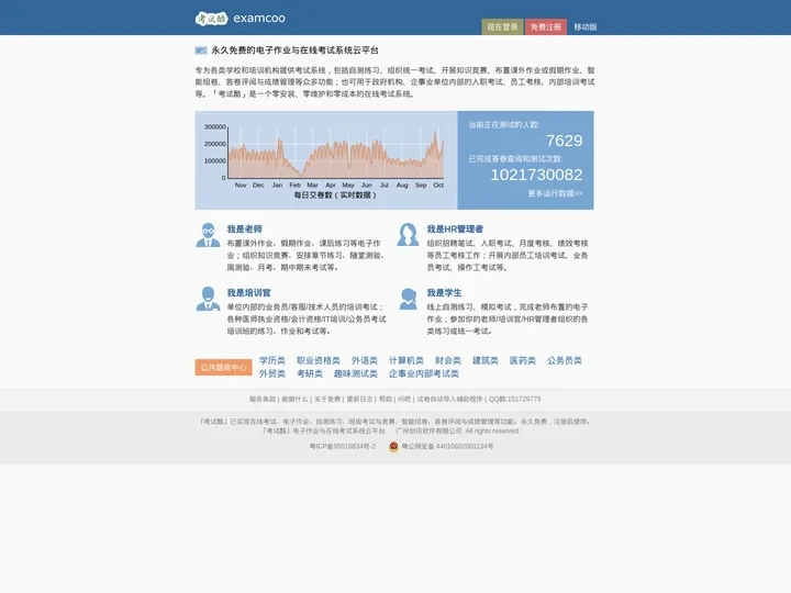 考试酷(examcoo)-永久免费的电子作业与在线考试系统云平台