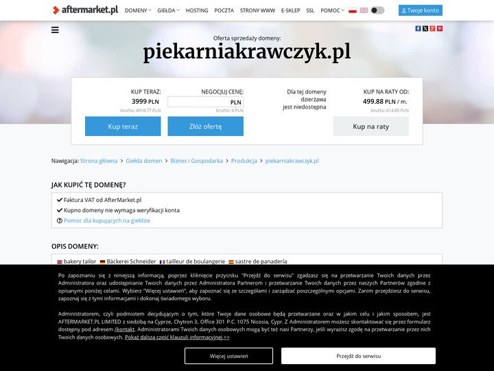 Oferta sprzedaży domeny: piekarniakrawczyk.pl