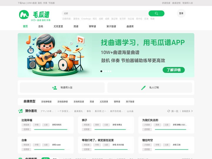 毛瓜曲谱网-热门吉他入门零基础曲谱大全在线下载